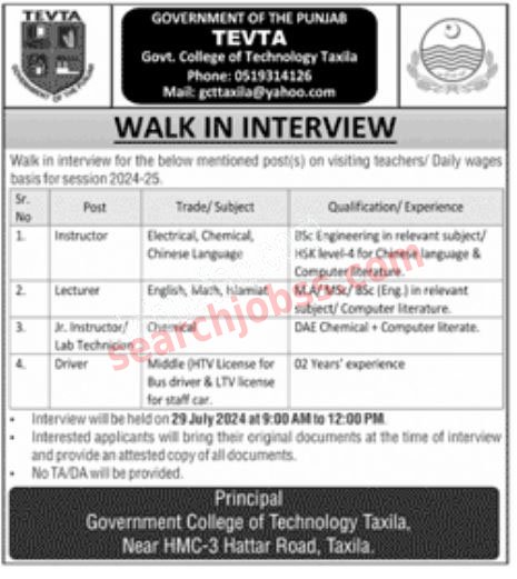 Latest TEVTA Jobs in Taxila July 2024 Advertisement