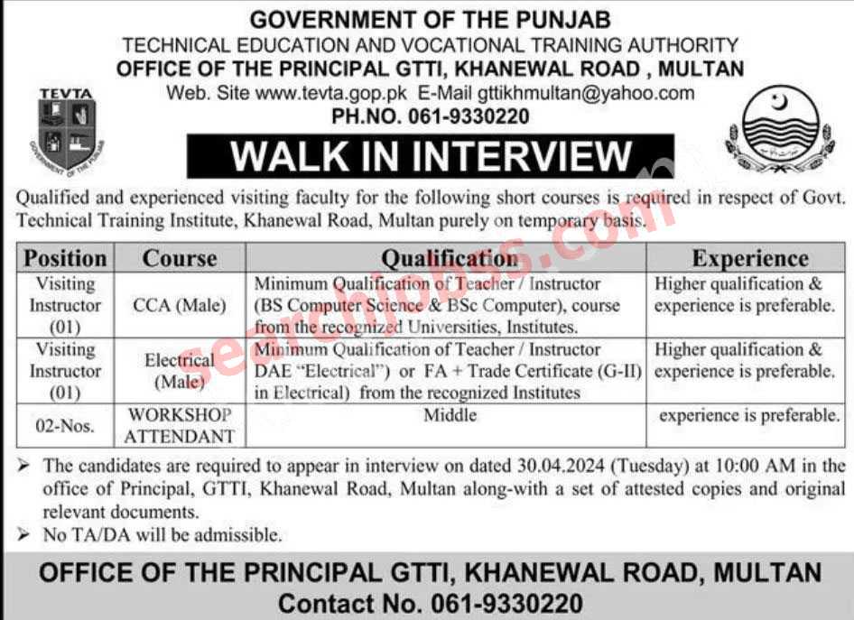 TEVTA Jobs in Punjab April 2024 Latest Advertisement