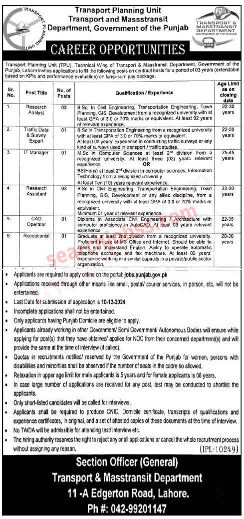 Transport and Masstransit Department Jobs in Punjab 2024