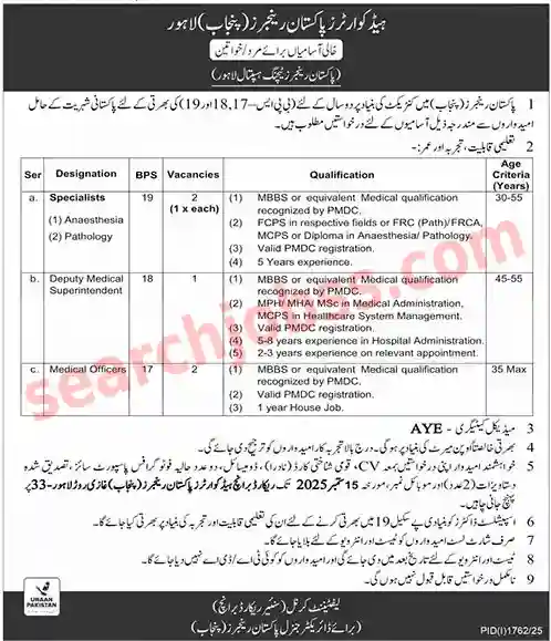 Pakistan Rangers Teaching Hospital Jobs Lahore September 2025