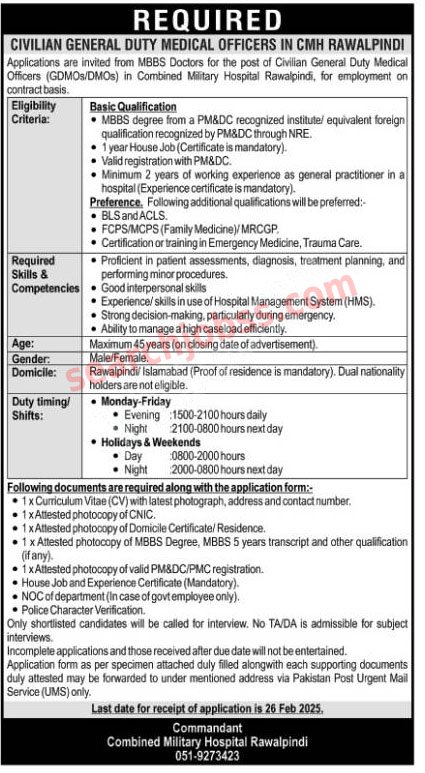 Combined Military Hospital CMH Jobs Feb 2025