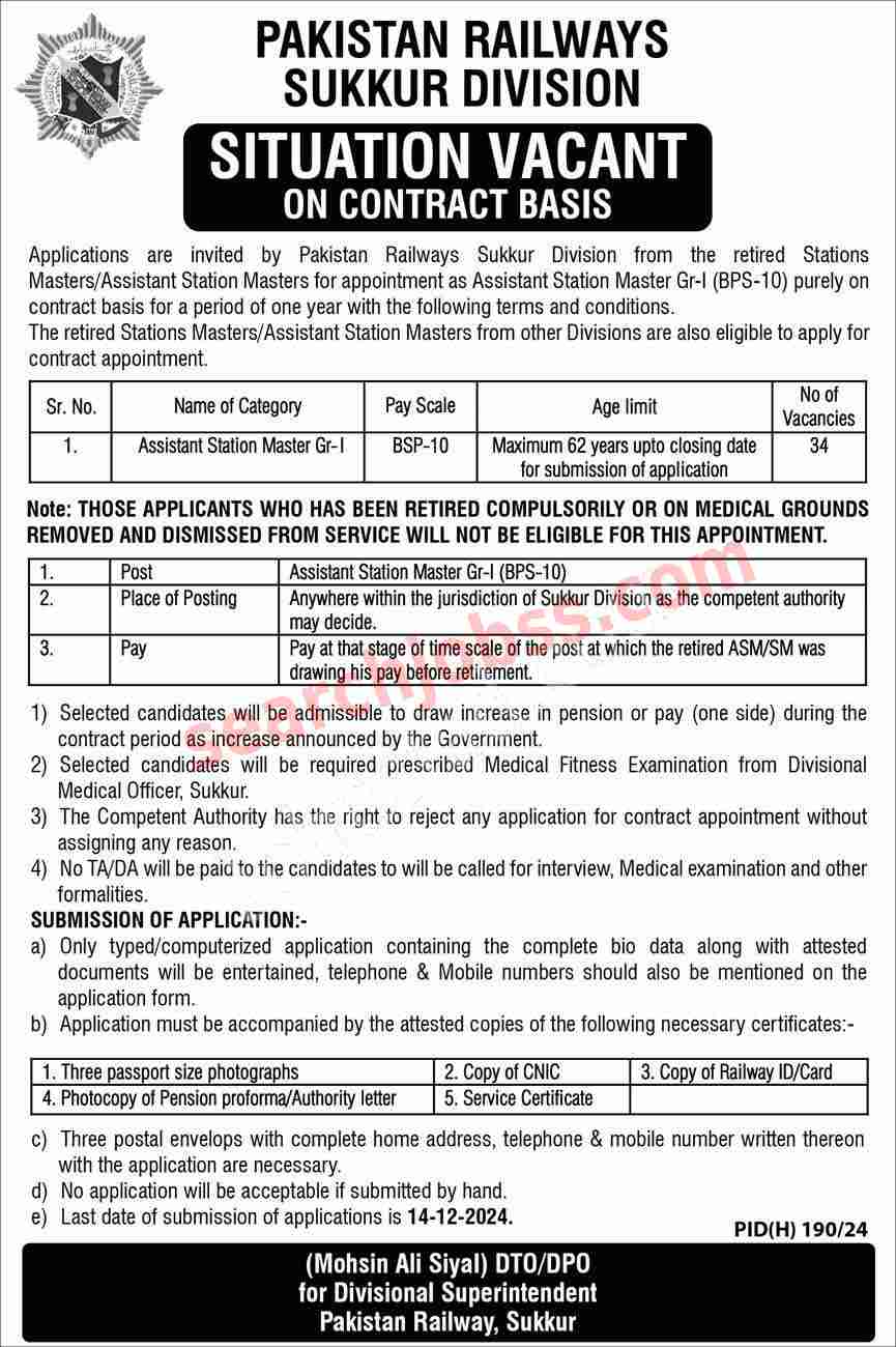 Pakistan Railways Jobs in Sukkur Division December 2024