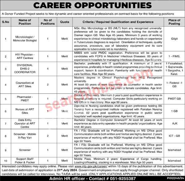 Latest NTP Jobs Islamabad July 2024 -National TB Control Program Jobs