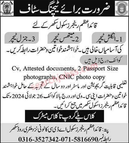 Quaid e Azam Rangers Schools Jobs in Sukkur July 2024 Advertisement