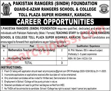 Quaid e Azam Rangers School and College Karachi Jobs 2025