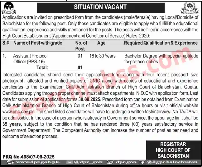 High Court of Balochistan Jobs August 2025
