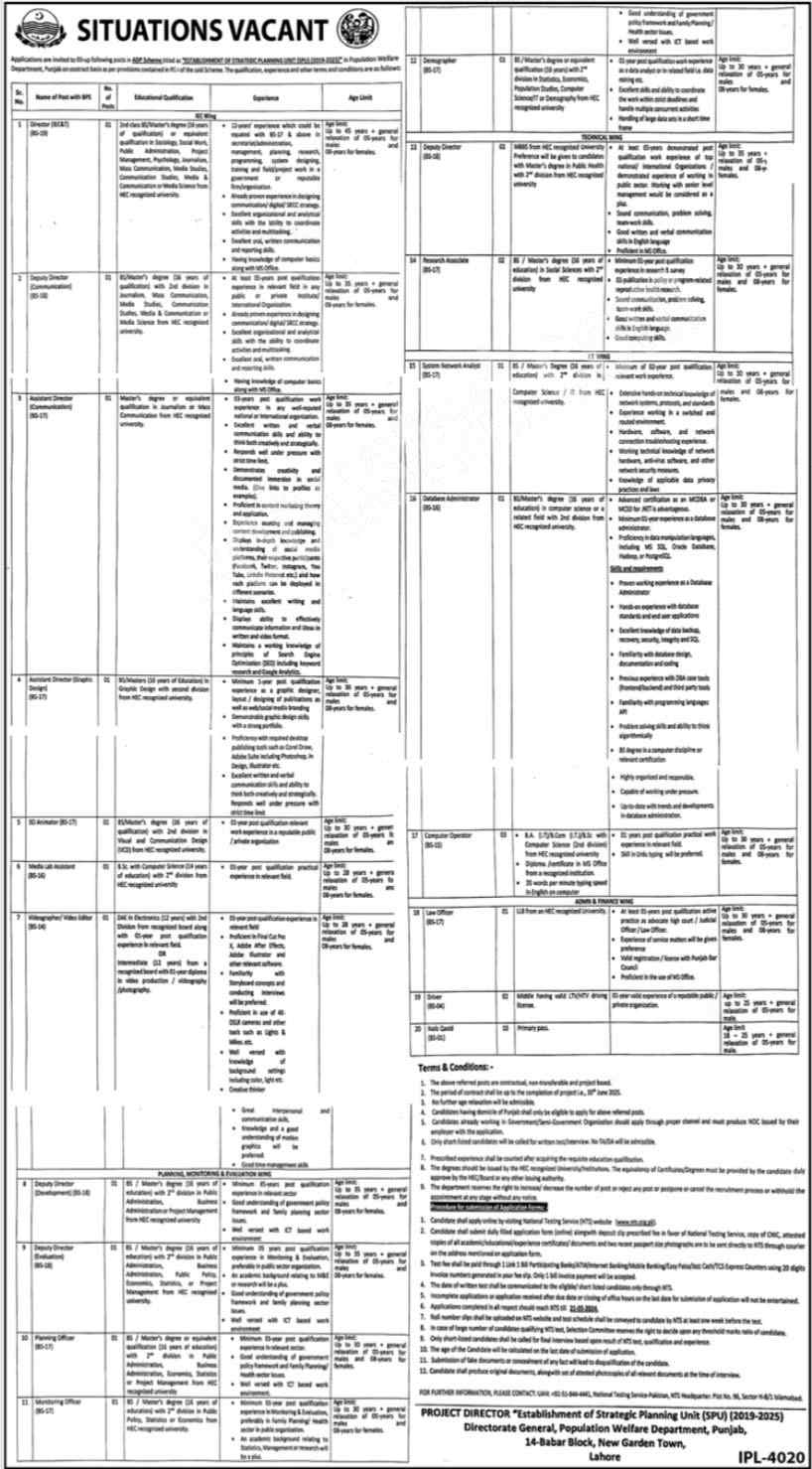 New Population Welfare Department Punjab Jobs May 2024