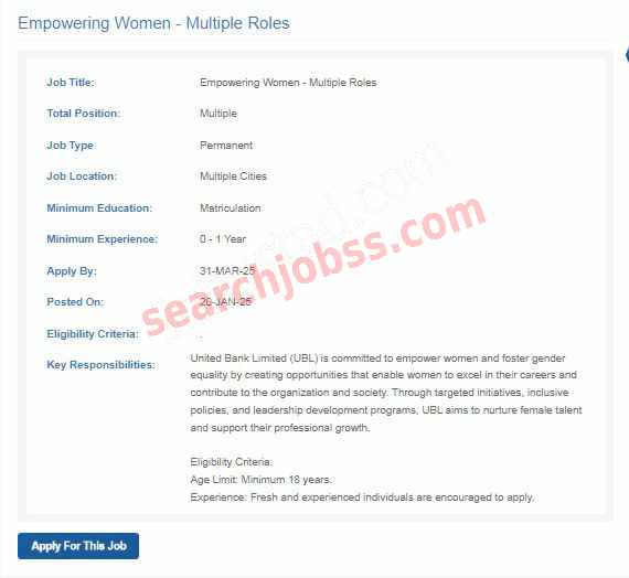UBL Bank Jobs For Women March 2025