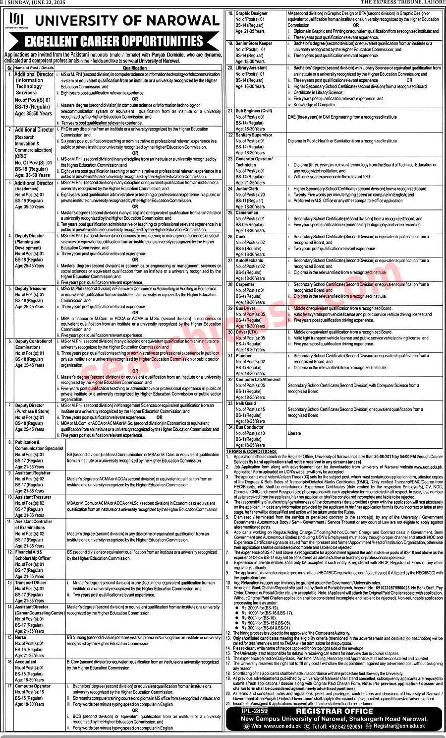 Govt University of Narowal Jobs June 2025