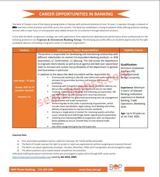 Bank of Punjab Jobs Opportunity Jan 2025