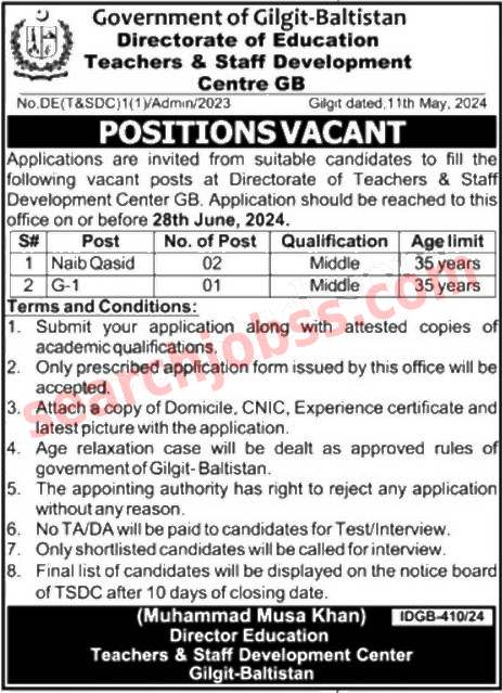 New Directorate of Education Jobs in Gilgit June 2024 Advertisement