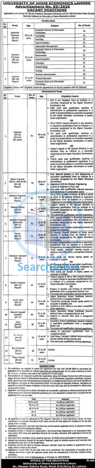 Govt University of Home Economics Lahore Jobs 2025 - Apply Now