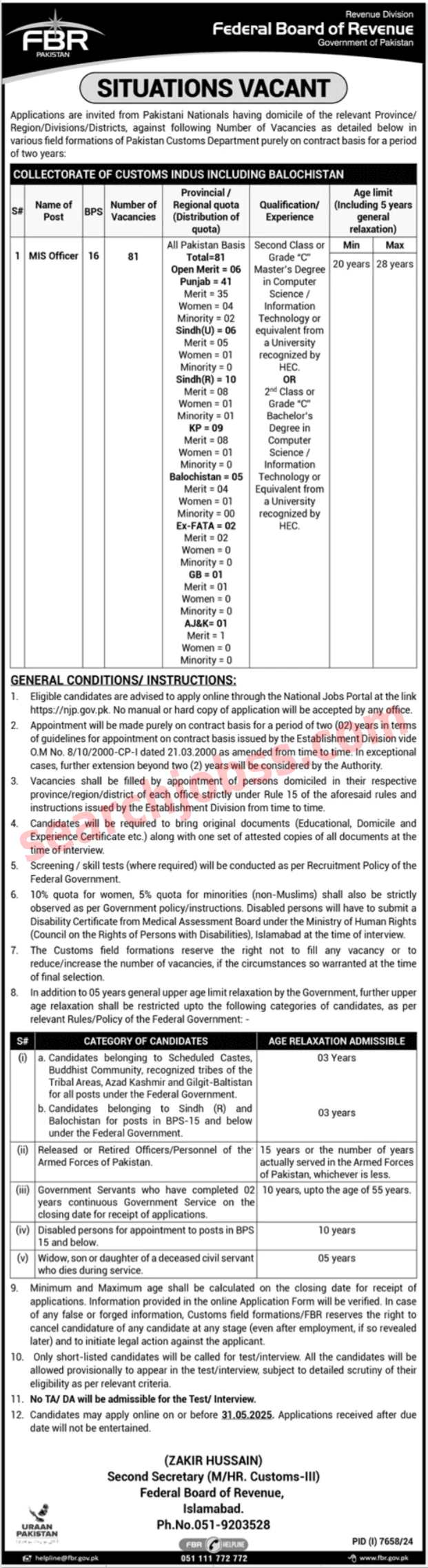 Federal Board of Revenue FBR Jobs in Pakistan May 2025