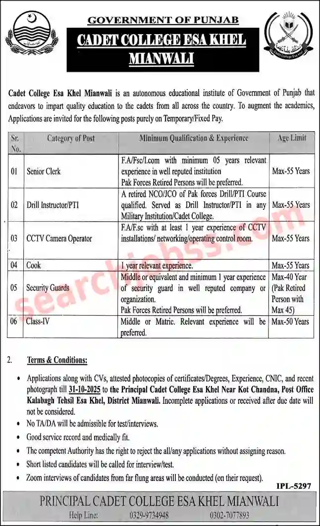 Cadet College Mianwali Jobs 2025 Apply Online