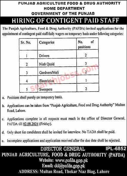 Punjab Agriculture Food and Drug Authority Jobs 2024 Advertisement