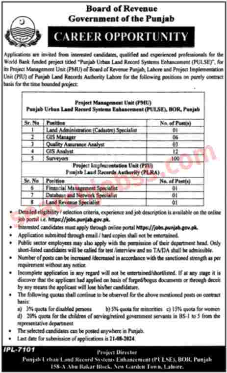 Latest Punjab Board of Revenue Jobs in Lahore August 2024